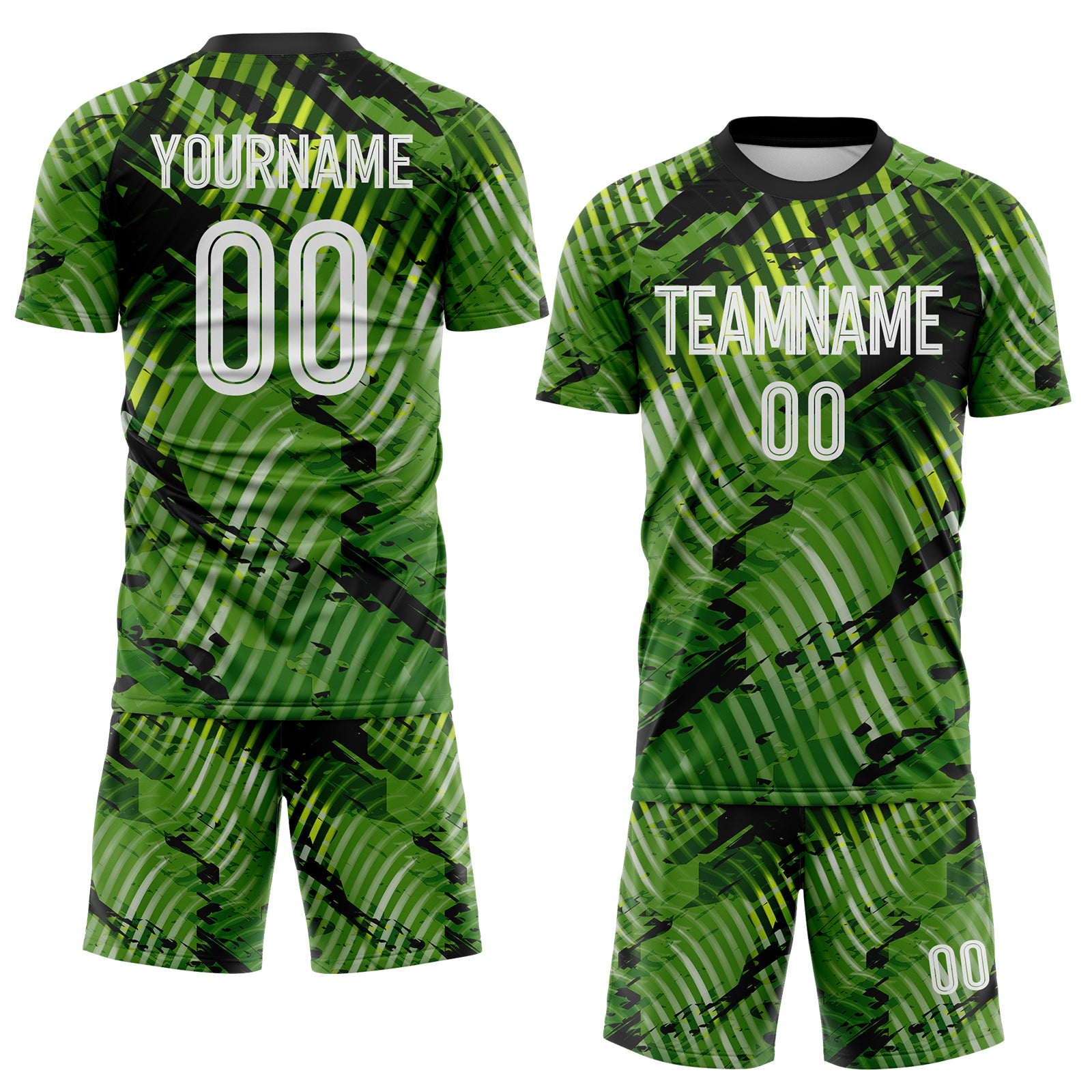 Custom Green White-Black Abstract Swirl Wave Grunge Splatter Sublimation Soccer Uniform Jersey