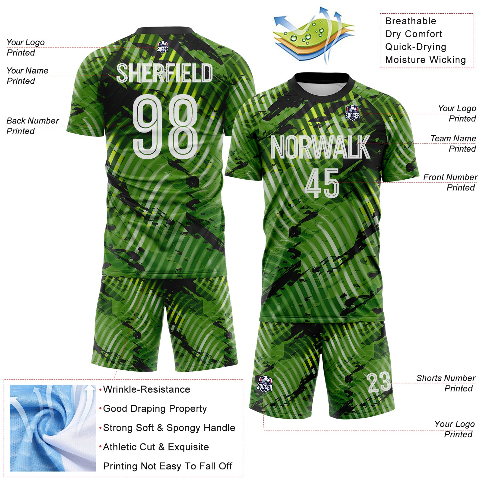 Custom Green White-Black Abstract Swirl Wave Grunge Splatter Sublimation Soccer Uniform Jersey